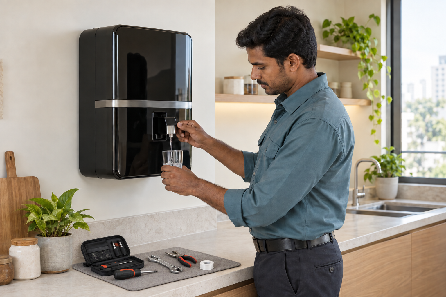 Service illustration: technician checking water flow from a wall-mounted purifier in a modern kitchen