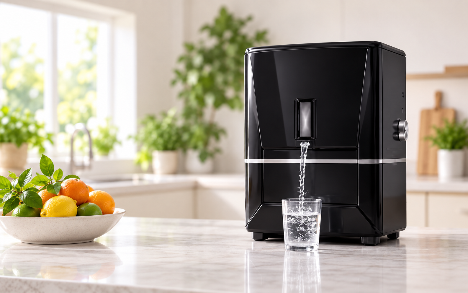 Care Zero purifier filling a glass of water on a kitchen counter